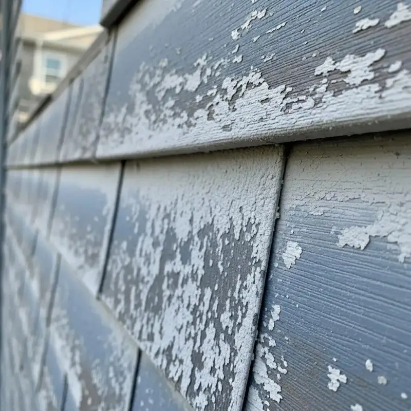 Close-up of oxidized vinyl siding showing chalky surfaces and fading colors