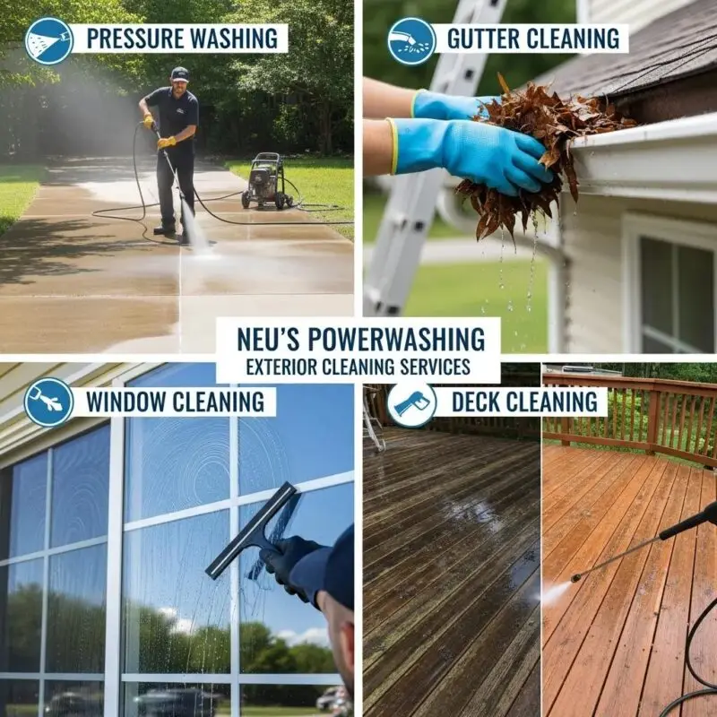 Collage showing pressure washing, gutter cleaning, and other exterior services by Neu's Powerwashing
