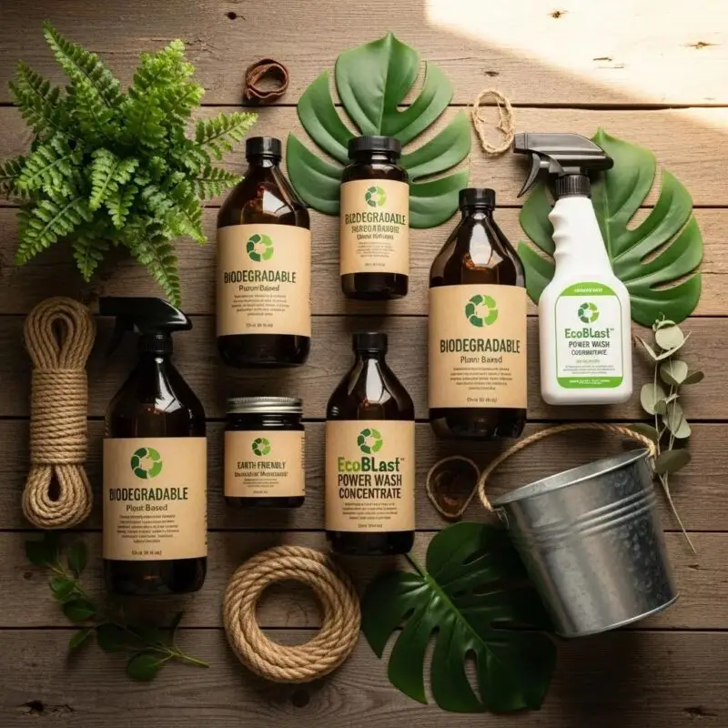 Eco-friendly cleaning products used in power washing, highlighting sustainability