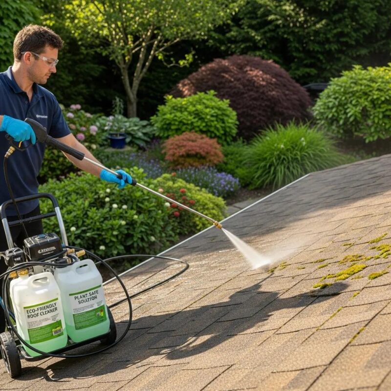 Man using eco-friendly pressure washing equipment on a roof, applying biodegradable cleaner to remove algae and grime, surrounded by lush greenery and colorful flowers.