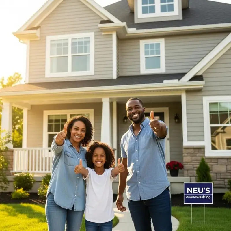 Satisfied homeowners standing by their freshly cleaned house after a Neu's Powerwashing service