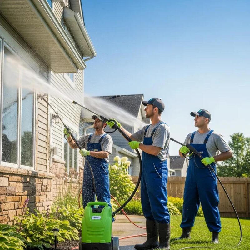 Professional power washing team using advanced equipment to clean a house exterior in Wisconsin, showcasing eco-friendly cleaning techniques and effective service.