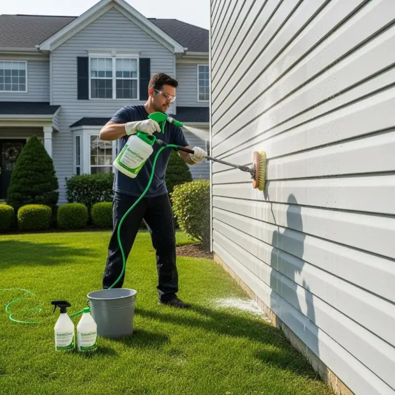 Professional using eco-friendly cleaning methods on vinyl siding