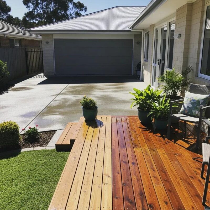 Residential outdoor space featuring a clean wooden deck, potted plants, and a well-maintained driveway, highlighting the benefits of professional pressure washing services for enhancing curb appeal in Wisconsin.