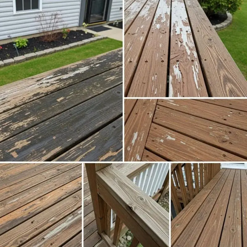 Close-up of a damaged wooden deck showing signs of mildew, peeling stain, and warped wood