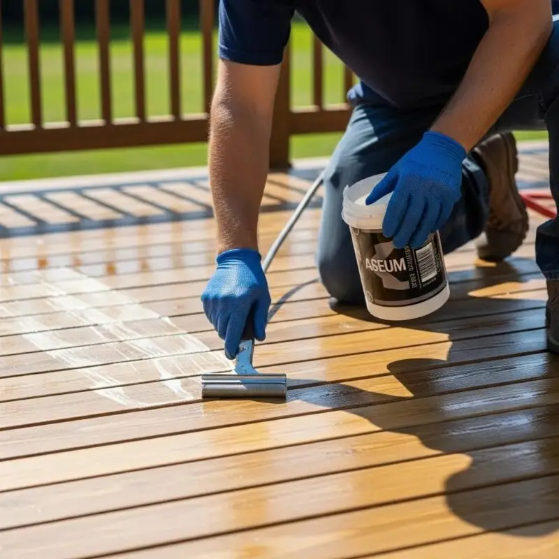 Professional applying sealant to a wooden deck during the sealing process in a sunny outdoor setting