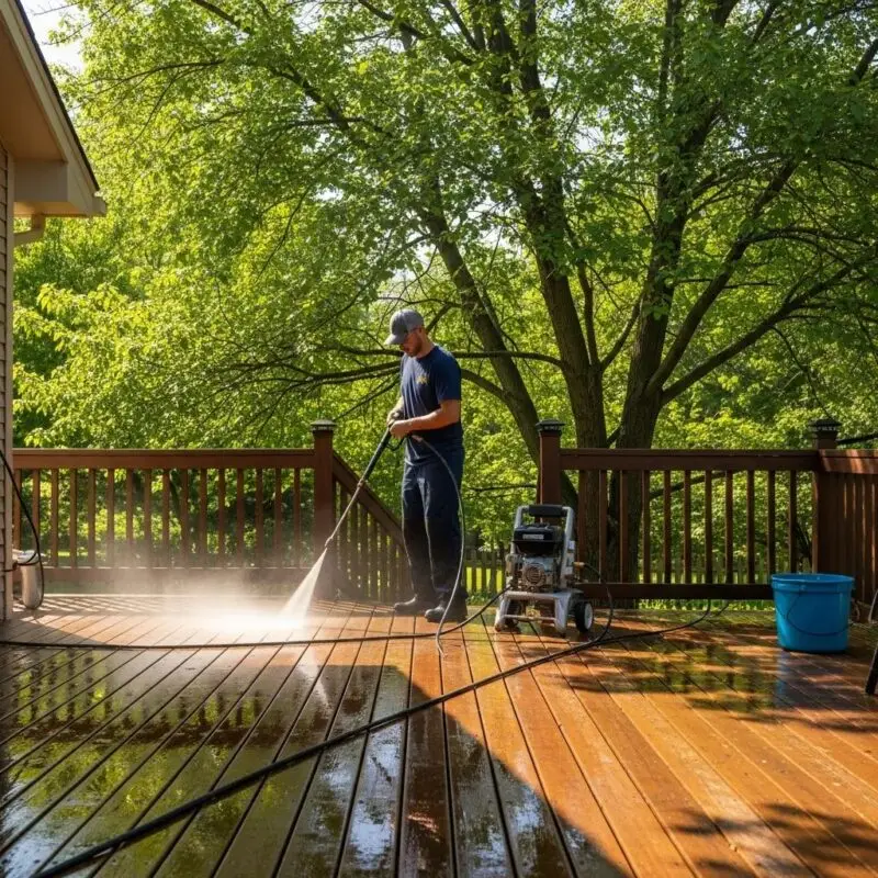 Professional deck cleaning service using a pressure washer on a wooden deck in a lush outdoor setting