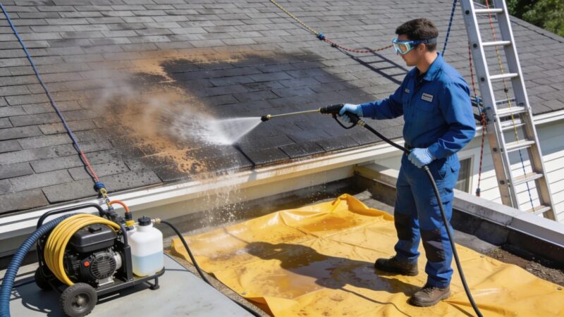 Technician using low-pressure soft wash system on asphalt roof demonstrating safe cleaning method