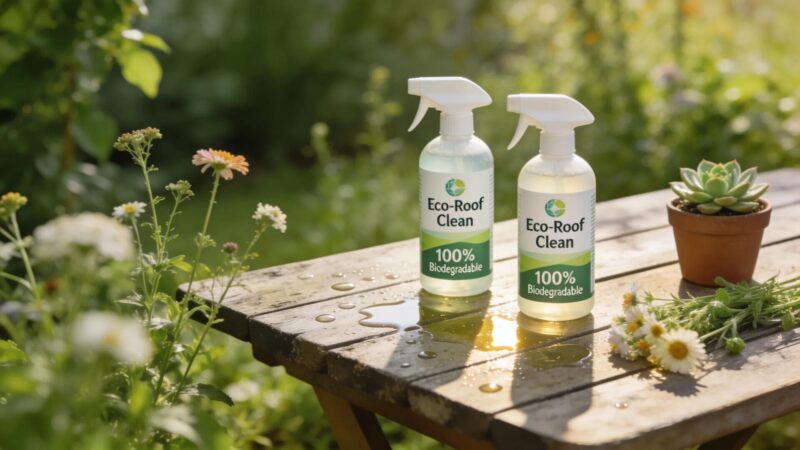Biodegradable roof cleaning products displayed amidst green plants highlighting eco-friendliness