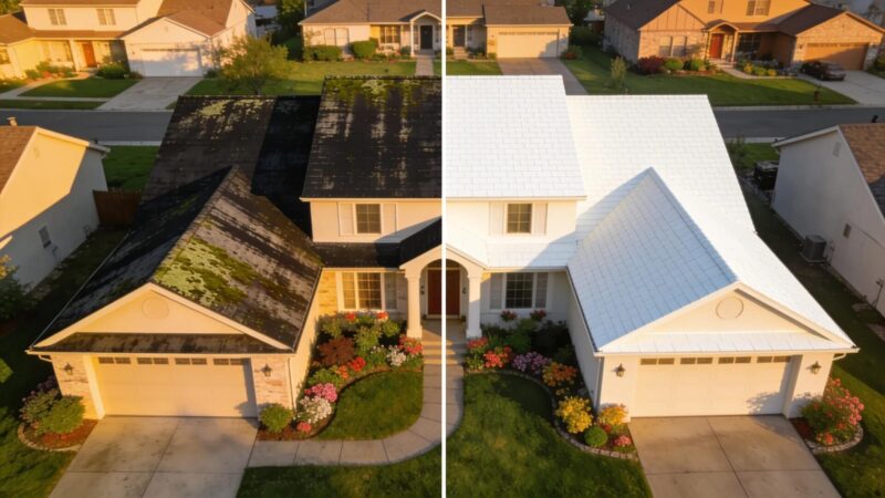 Before-and-after comparison of a roof showing benefits of professional roof cleaning services