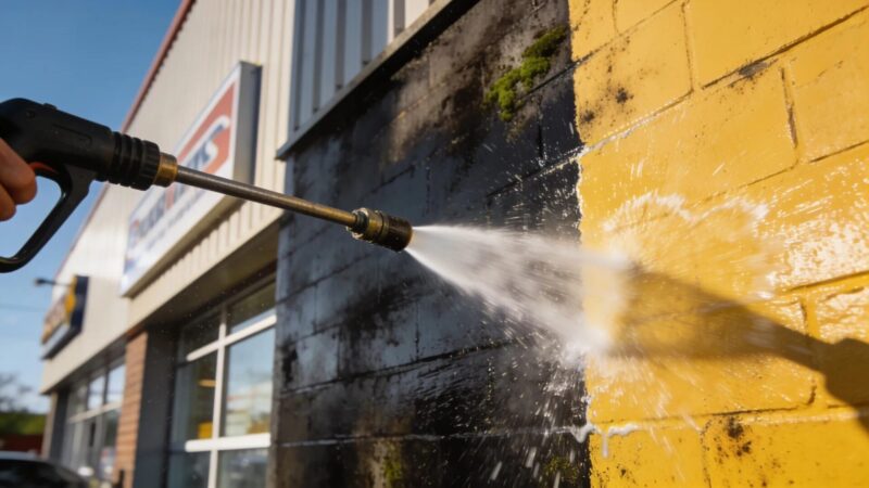 Close-up of pressure washing action demonstrating cleaning efficiency and property maintenance benefits