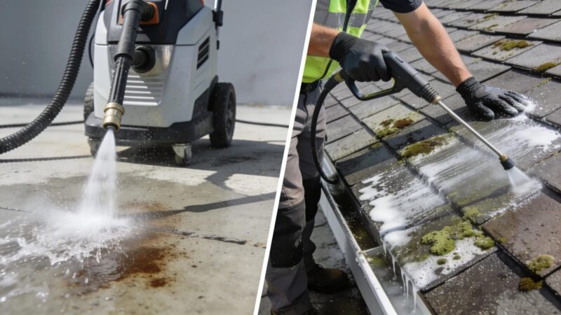 Pressure washing and soft washing techniques for commercial building maintenance