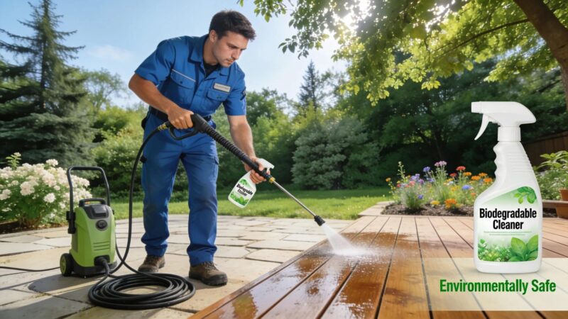 Eco-friendly cleaning solutions being used in pressure washing for sustainable results