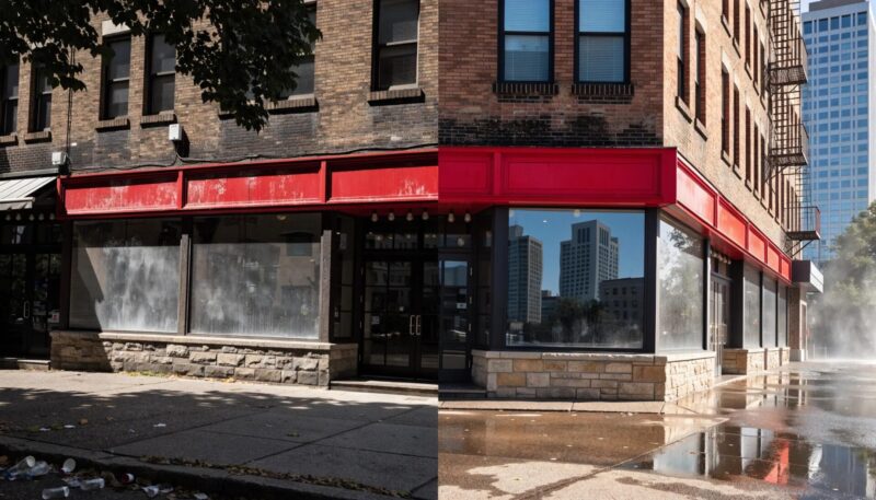 Before and after comparison of commercial pressure washing benefits showing enhanced property appearance
