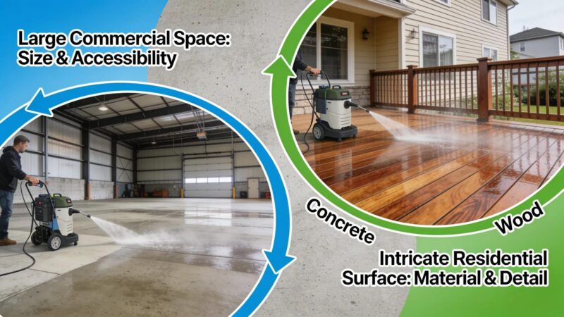 Diverse properties showcasing different surfaces and sizes affecting pressure washing pricing