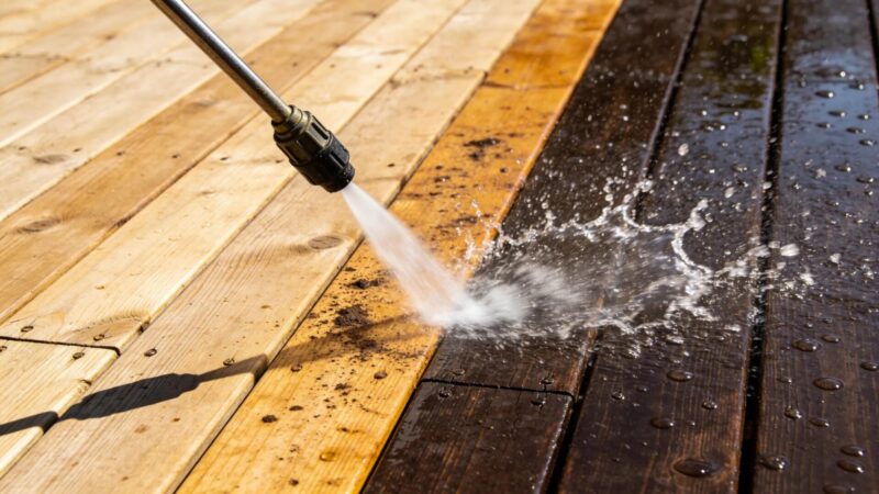 Pressure washing service effectively cleaning a wooden deck