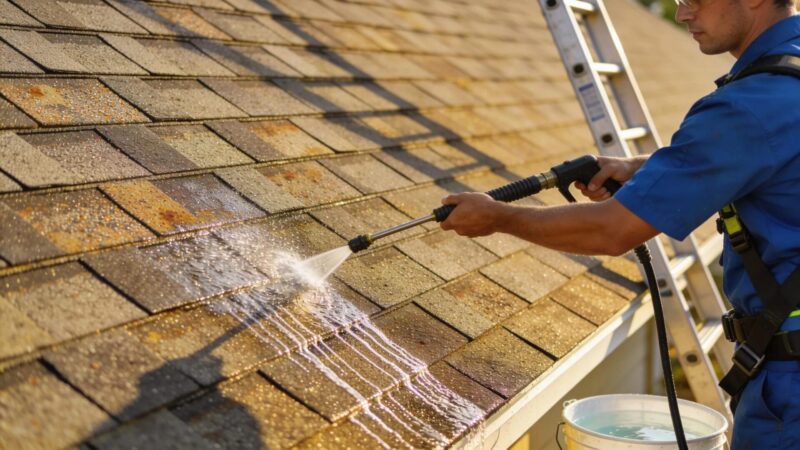 Professional demonstrating soft washing method on a roof for effective cleaning
