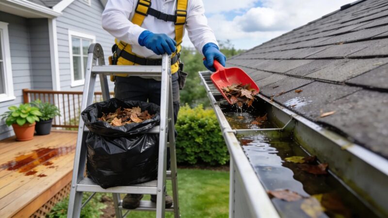 Professional gutter cleaning service preventing water damage on a residential property