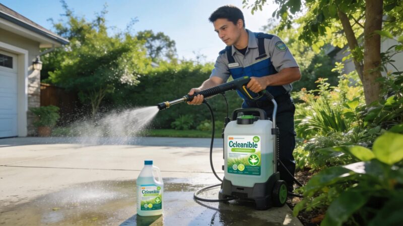 Eco-friendly pressure washing technician using biodegradable products in a clean environment
