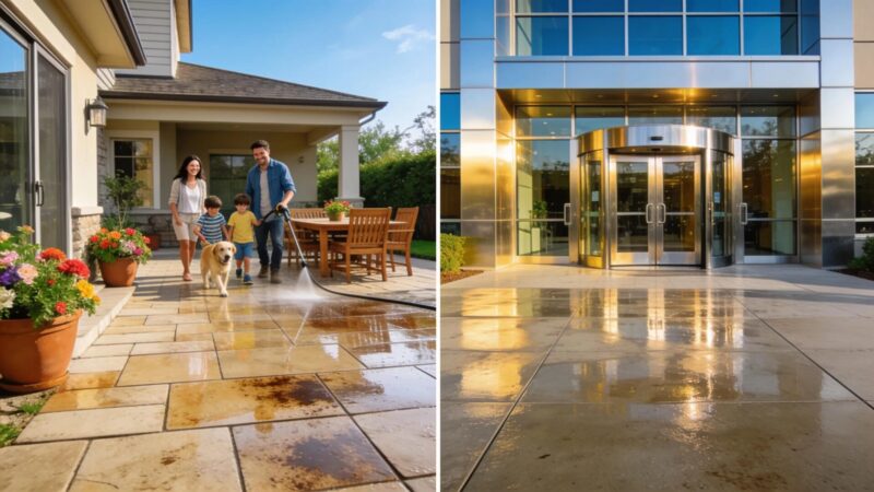 Comparison of residential patio and commercial building after pressure washing