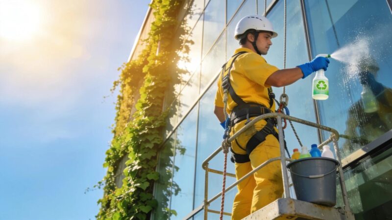 Technician using eco-friendly cleaning products in industrial power washing to promote sustainability